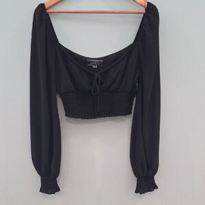 Blue Blush Crop Blouse Black Puff Sleeve Size Large